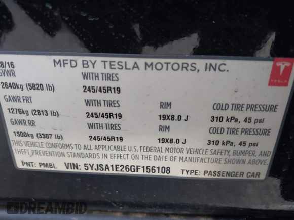 2016 Tesla Model S 90D z VIN 5YJSA1E26GF156108, wystawiony jako IAAI lot #41453148 z przebiegiem 74 717 mil mil oraz . Historia ofert i sprzedaży dostępna na DreamBid. Obrazek 9.