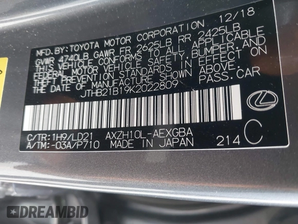 2019 Lexus ES 300h with VIN JTHB21B19K2022809, listed as a IAAI auction lot 42484103 with 62,596 mi miles and . Bid and sale history available at DreamBid. Image 9.