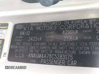 2012 Kia Optima LX with VIN KNAGM4A78C5283175, listed as a IAAI auction lot 42075886 with 123,112 mi miles and . Bid and sale history available at carsss.com. Image 9.