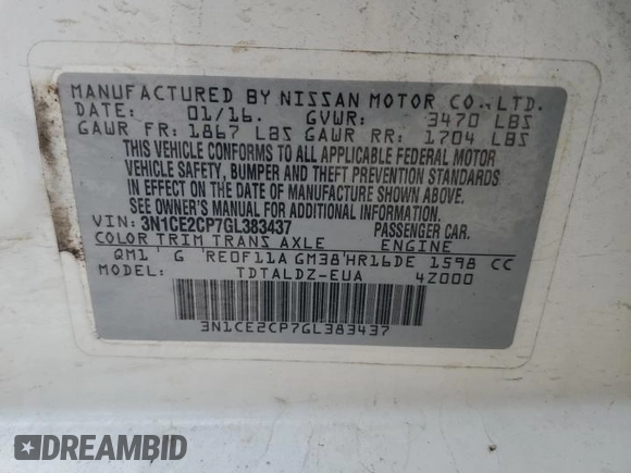 2016 Nissan Note S with VIN 3N1CE2CP7GL383437, listed as a Copart auction lot 54049025 with 156,866 mi miles and Salvage Title. Bid and sale history available at DreamBid. Image 12.