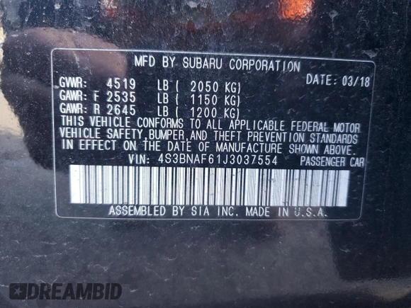 2018 Subaru Legacy Premium with VIN 4S3BNAF61J3037554, listed as a Copart auction lot 79082493 with 89,726 mi miles. Bid and sale history available at carsss.com. Image 14.