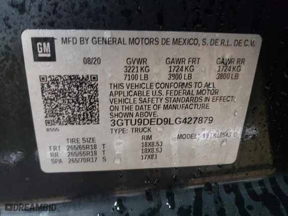 2020 GMC Sierra 1500 SLT with VIN 3GTU9DED9LG427879, listed as a Copart auction lot 44210895 with 45,414 mi miles and Salvage Title. Bid and sale history available at carsss.com. Image 12.