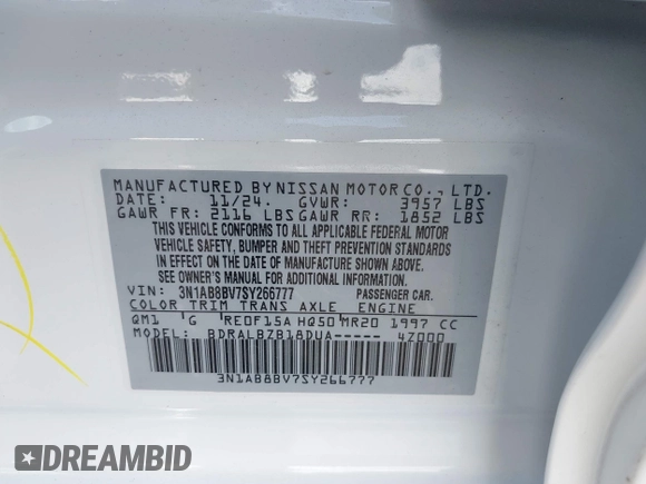 2025 Nissan Sentra S with VIN 3N1AB8BV7SY266777, listed as a IAAI auction lot 41507283 with 115 mi miles and . Bid and sale history available at DreamBid. Image 9.