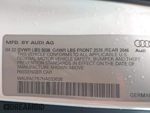 2022 Audi A5 Sportback S line Premium Plus z VIN WAUFACF57NA033636, wystawiony jako IAAI lot #41947545 z przebiegiem 75 797 mil mil oraz . Historia ofert i sprzedaży dostępna na DreamBid. Obrazek 9.