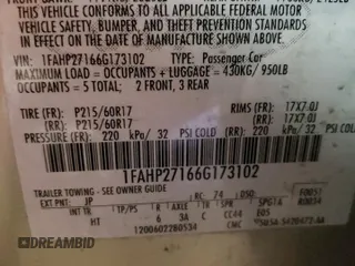 2006 Ford Five Hundred SEL with VIN 1FAHP27166G173102, listed as a Copart auction lot 54887385 with 173,351 mi miles and Clean Title. Bid and sale history available at carsss.com. Image 12.