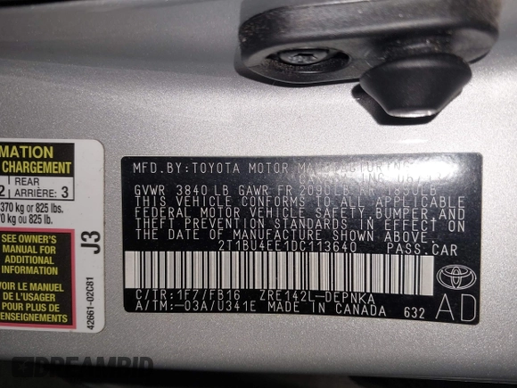 2013 Toyota Corolla L with VIN 2T1BU4EE1DC113640, listed as a IAAI auction lot 42050631 with 45,888 mi miles and . Bid and sale history available at DreamBid. Image 9.