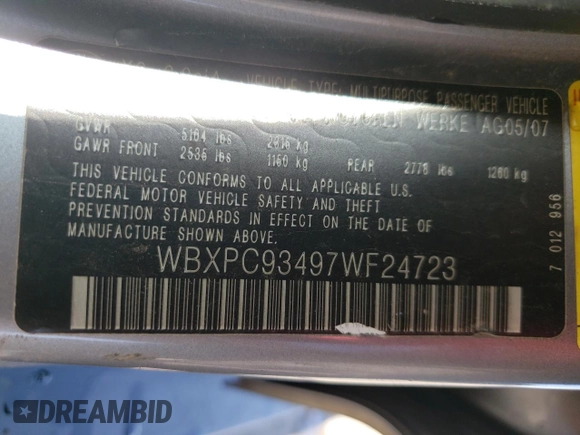2007 BMW X3 3.0si with VIN WBXPC93497WF24723, listed as a Copart auction lot 52611965 with 147,779 mi miles and Salvage Title. Bid and sale history available at DreamBid. Image 13.