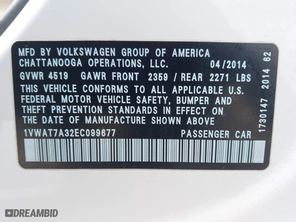 2014 Volkswagen Passat Wolfsburg Ed with VIN 1VWAT7A32EC099677, listed as a IAAI auction lot 41872416 with 182,392 mi miles. Bid and sale history available at carsss.com. Image 9.