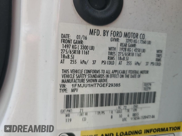 2016 Ford Expedition XLT with VIN 1FMJU1HT7GEF29385, listed as a Copart auction lot 60453125 with 249,780 mi miles and Salvage title. Bid and sale history available at DreamBid. Image 13.