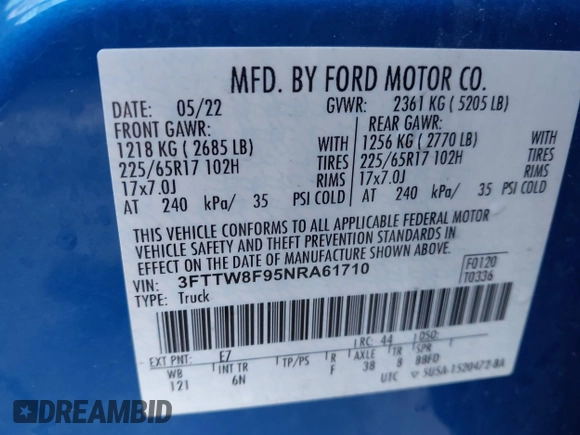 2022 Ford Maverick XL with VIN 3FTTW8F95NRA61710, listed as a IAAI auction lot 41698543 with 15,541 mi miles and . Bid and sale history available at DreamBid. Image 9.