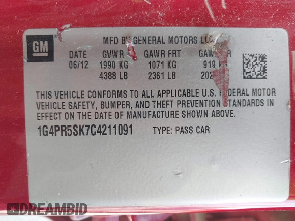 2012 Buick Verano Convenience Group with VIN 1G4PR5SK7C4211091, listed as a IAAI auction lot 41871496 with 151,635 mi miles and . Bid and sale history available at carsss.com. Image 9.