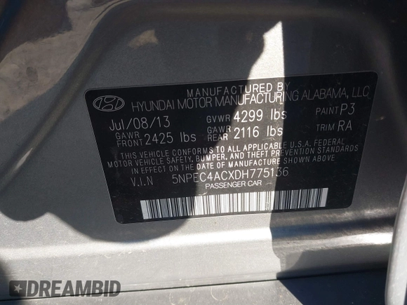 2013 Hyundai Sonata Limited with VIN 5NPEC4ACXDH775136, listed as a IAAI auction lot 41715781 with 214,693 mi miles and . Bid and sale history available at carsss.com. Image 9.