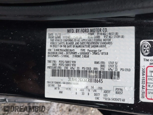 2012 Lincoln MKZ with VIN 3LNHL2GC6CR818645, listed as a IAAI auction lot 42467058 with 157,573 mi miles and . Bid and sale history available at DreamBid. Image 9.