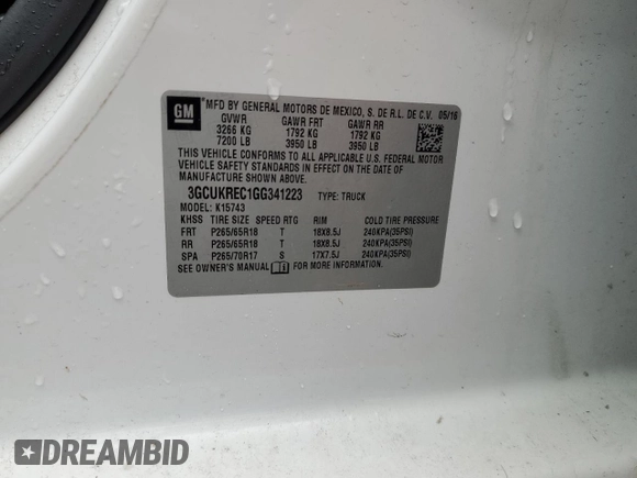 2016 Chevrolet Silverado 1500 LT with VIN 3GCUKREC1GG341223, listed as a Copart auction lot 56547195 with 180,189 mi miles and Salvage Title. Bid and sale history available at DreamBid. Image 12.