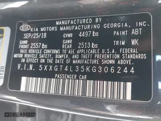 2019 Kia Optima LX with VIN 5XXGT4L35KG306244, listed as a IAAI auction lot 42068277 with 83,843 mi miles. Bid and sale history available at carsss.com. Image 9.