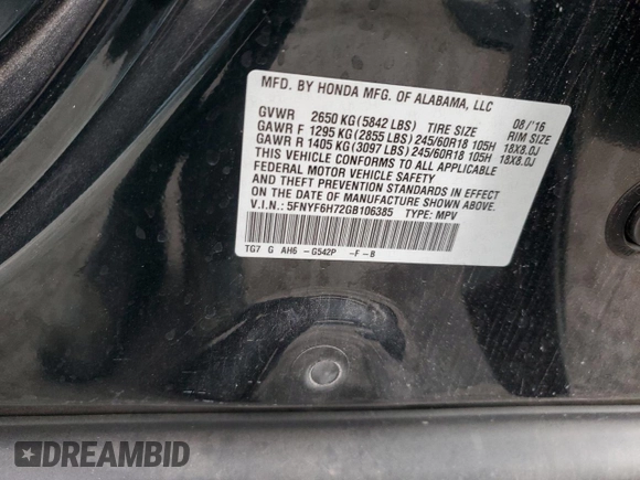 2016 Honda Pilot EX-L with VIN 5FNYF6H72GB106385, listed as a Copart auction lot 44000395 with 128,520 mi miles and Salvage Title. Bid and sale history available at carsss.com. Image 13.