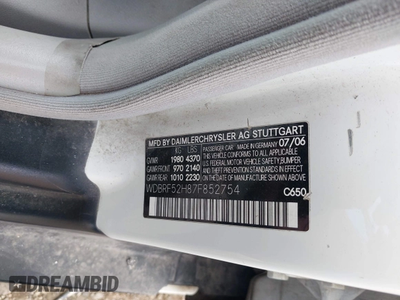 2007 Mercedes-Benz C 230 Sport with VIN WDBRF52H87F852754, listed as a IAAI auction lot 42224647 with 121,163 mi miles and . Bid and sale history available at DreamBid. Image 9.