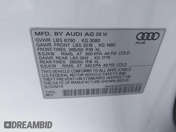 2015 Audi Q7 Premium Plus with VIN WA1LGAFE4FD007207, listed as a IAAI auction lot 41909751 with 59,836 mi miles and . Bid and sale history available at DreamBid. Image 9.