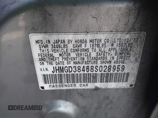 2008 Honda Fit with VIN JHMGD38468S028959, listed as a IAAI auction lot 42042292 with 226,247 mi miles. Bid and sale history available at carsss.com. Image 9.