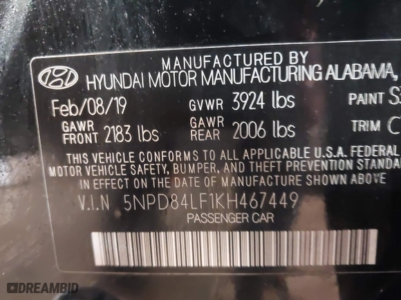 2019 Hyundai Elantra SEL with VIN 5NPD84LF1KH467449, listed as a IAAI auction lot 41693597 with 76,959 mi miles. Bid and sale history available at carsss.com. Image 9.