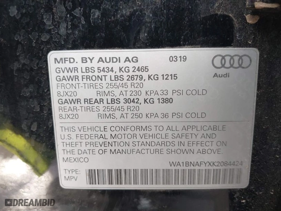 2019 Audi Q5 Premium Plus with VIN WA1BNAFYXK2084424, listed as a IAAI auction lot 41253535 with 62,484 mi miles. Bid and sale history available at carsss.com. Image 9.