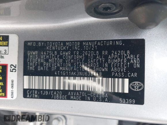 2022 Toyota Camry SE z VIN 4T1G11AK3NU638448, wystawiony jako IAAI lot #42087578 z przebiegiem 58 529 mil mil oraz . Historia ofert i sprzedaży dostępna na DreamBid. Obrazek 9.