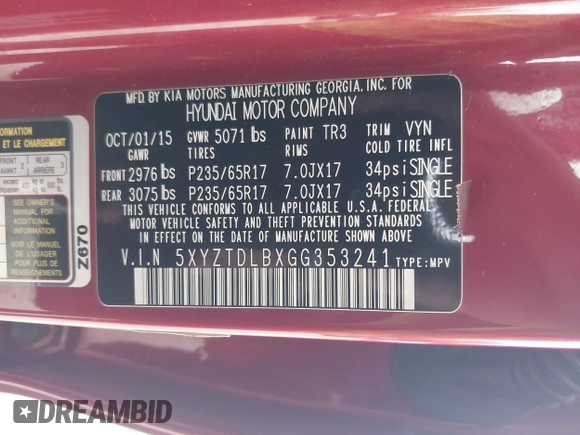 2016 Hyundai Santa Fe z VIN 5XYZTDLBXGG353241, wystawiony jako IAAI lot #42328420 z przebiegiem 120 925 mil mil oraz . Historia ofert i sprzedaży dostępna na DreamBid. Obrazek 9.