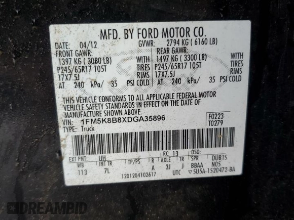 2013 Ford Explorer with VIN 1FM5K8B8XDGA35896, listed as a Copart auction lot 72005864 with 223,829 mi miles and Salvage Title. Bid and sale history available at carsss.com. Image 13.