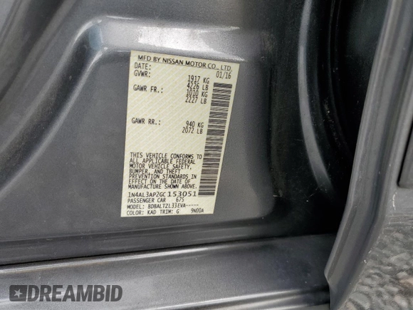 2016 Nissan Altima SL with VIN 1N4AL3AP2GC153051, listed as a Copart auction lot 59852165 with 68,933 mi miles and Salvage title. Bid and sale history available at DreamBid. Image 12.