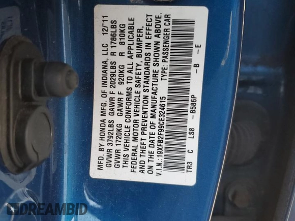 2012 Honda Civic EX-L with VIN 19XFB2F99CE324615, listed as a Copart auction lot 50165245 with 149,076 mi miles and Salvage Title. Bid and sale history available at DreamBid. Image 14.