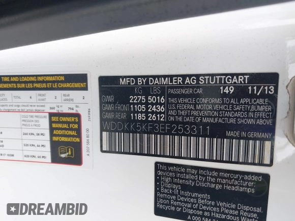 2014 Mercedes-Benz E 350 with VIN WDDKK5KF3EF253311, listed as a IAAI auction lot 42110845 with 67,242 mi miles and . Bid and sale history available at DreamBid. Image 9.