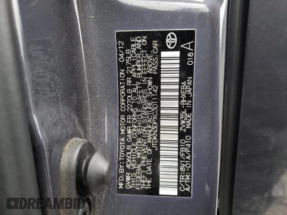 2012 Toyota Prius z VIN JTDKN3DPXC3011142, wystawiony jako Copart lot #53493145 z przebiegiem 147 756 mil mil oraz Szkoda całkowita • Salvage title. Historia ofert i sprzedaży dostępna na DreamBid. Obrazek 13.