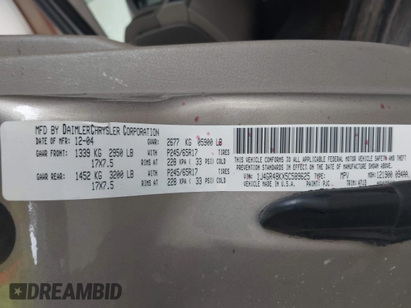 2005 Jeep Grand Cherokee Laredo with VIN 1J4GR48KX5C589625, listed as a IAAI auction lot 42699102 with Not provided miles and . Bid and sale history available at DreamBid. Image 9.