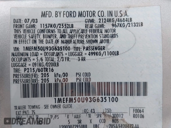 2003 Mercury Sable GS with VIN 1MEFM50U93G635100, listed as a IAAI auction lot 42424689 with 231,397 mi miles and . Bid and sale history available at DreamBid. Image 9.