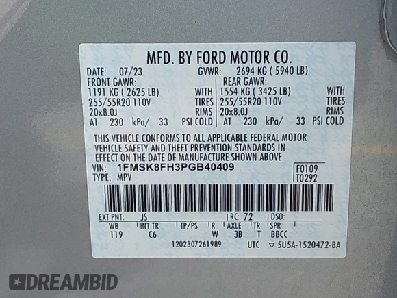 2023 Ford Explorer Limited with VIN 1FMSK8FH3PGB40409, listed as a IAAI auction lot 42739775 with 38,734 mi miles and . Bid and sale history available at DreamBid. Image 9.