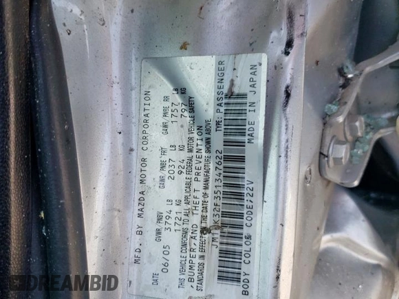2005 Mazda 3 i with VIN JM1BK32F351347622, listed as a Copart auction lot 53729205 with 205,194 mi miles and Salvage Title. Bid and sale history available at DreamBid. Image 15.