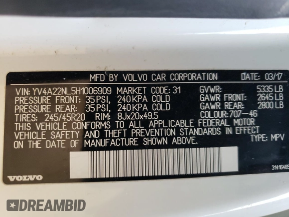 2017 Volvo V90 with VIN YV4A22NL5H1006909, listed as a Copart auction lot 45657175 with 70,049 mi miles and Salvage title. Bid and sale history available at DreamBid. Image 15.