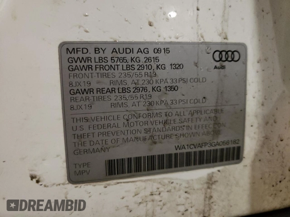 2016 Audi Q5 Premium Plus with VIN WA1CVAFP3GA056182, listed as a Copart auction lot 88791535 with 145,018 mi miles and Salvage title. Bid and sale history available at DreamBid. Image 15.