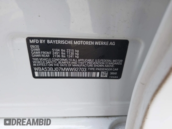 2021 BMW 5 Series 540i z VIN WBA53BJ07MWW92703, wystawiony jako IAAI lot #41868430 z przebiegiem Nie podano mil oraz . Historia ofert i sprzedaży dostępna na DreamBid. Obrazek 9.