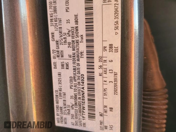 2022 Ford F-150 XL with VIN 1FTFW1E89NFA14920, listed as a Copart auction lot 76790934 with 64,991 mi miles and Salvage Title. Bid and sale history available at DreamBid. Image 12.