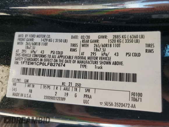 2020 Ford F-150 XL with VIN 1FTEW1CP0LFB27674, listed as a Copart auction lot 41801335 with 0 mi miles and Non Repairable. Bid and sale history available at carsss.com. Image 12.