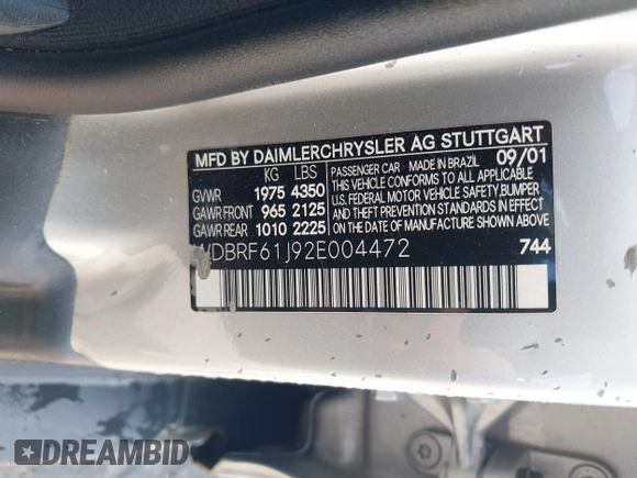 2002 Mercedes-Benz C with VIN WDBRF61J92E004472, listed as a IAAI auction lot 42144326 with 125,847 mi miles. Bid and sale history available at carsss.com. Image 9.