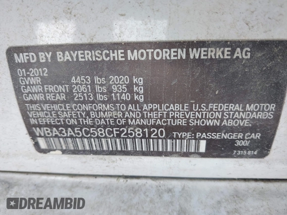 2012 BMW 3 Series 328i with VIN WBA3A5C58CF258120, listed as a IAAI auction lot 41925622 with 123,046 mi miles and . Bid and sale history available at DreamBid. Image 9.