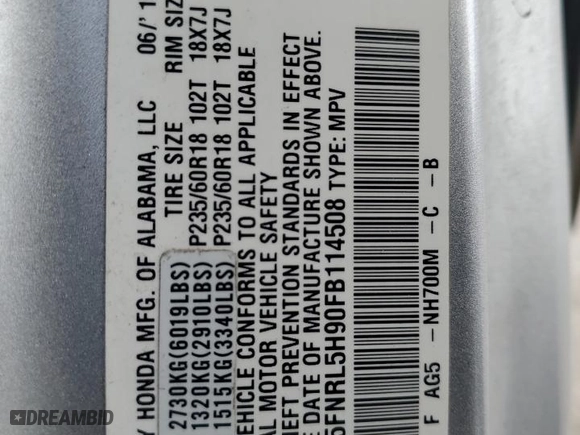 2015 Honda Odyssey Touring Elite with VIN 5FNRL5H90FB114508, listed as a Copart auction lot 51290945 with 112,330 mi miles and Salvage Title. Bid and sale history available at carsss.com. Image 15.