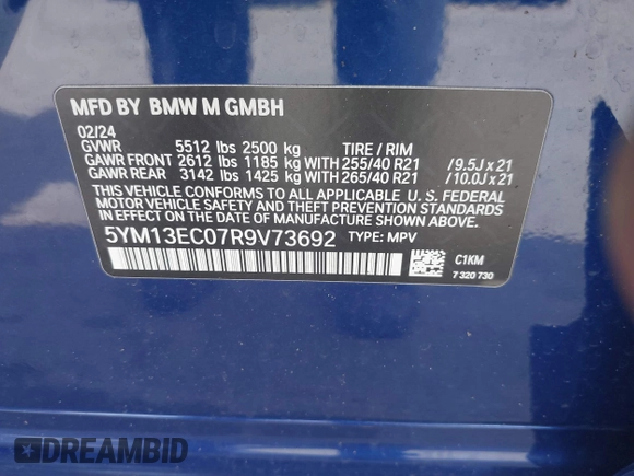 2024 BMW X3 M with VIN 5YM13EC07R9V73692, listed as a IAAI auction lot 41944954 with 5,224 mi miles and . Bid and sale history available at DreamBid. Image 9.