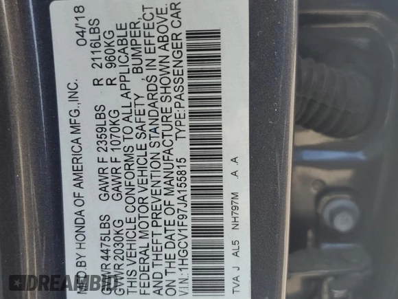 2018 Honda Accord Touring with VIN 1HGCV1F97JA155815, listed as a Copart auction lot 64181825 with 137,325 mi miles and Non repairable. Bid and sale history available at DreamBid. Image 12.