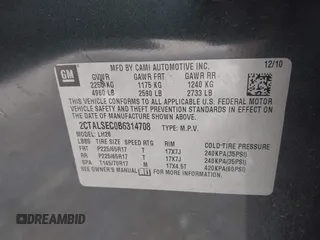 2011 GMC Terrain SLE-2 with VIN 2CTALSEC0B6314708, listed as a IAAI auction lot 42173919 with 188,659 mi miles and . Bid and sale history available at DreamBid. Image 9.