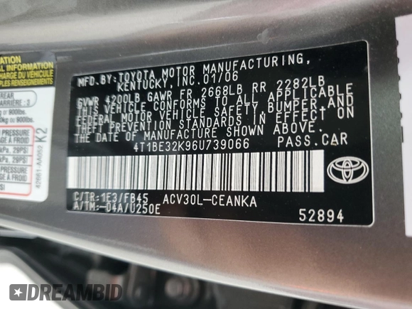 2006 Toyota Camry STD with VIN 4T1BE32K96U739066, listed as a Copart auction lot 59822965 with Not provided miles and Salvage title. Bid and sale history available at DreamBid. Image 12.