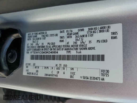 2016 Ford F-150 XL with VIN 1FTEW1CG4GKD40804, listed as a Copart auction lot 50699595 with 116,489 mi miles and Salvage Title. Bid and sale history available at DreamBid. Image 12.
