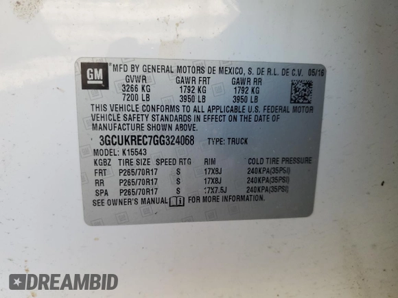 2016 Chevrolet Silverado 1500 LT with VIN 3GCUKREC7GG324068, listed as a Copart auction lot 45592245 with 167,876 mi miles and Salvage Title. Bid and sale history available at DreamBid. Image 12.